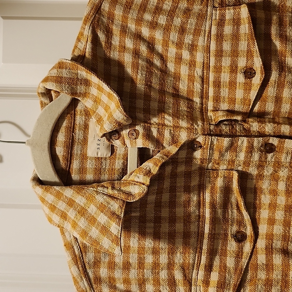 SEZANE EURIELLE Shirt Ochre Ecru Gingham Checks Organic cotton + linen | Size 6 - Picture 8 of 9